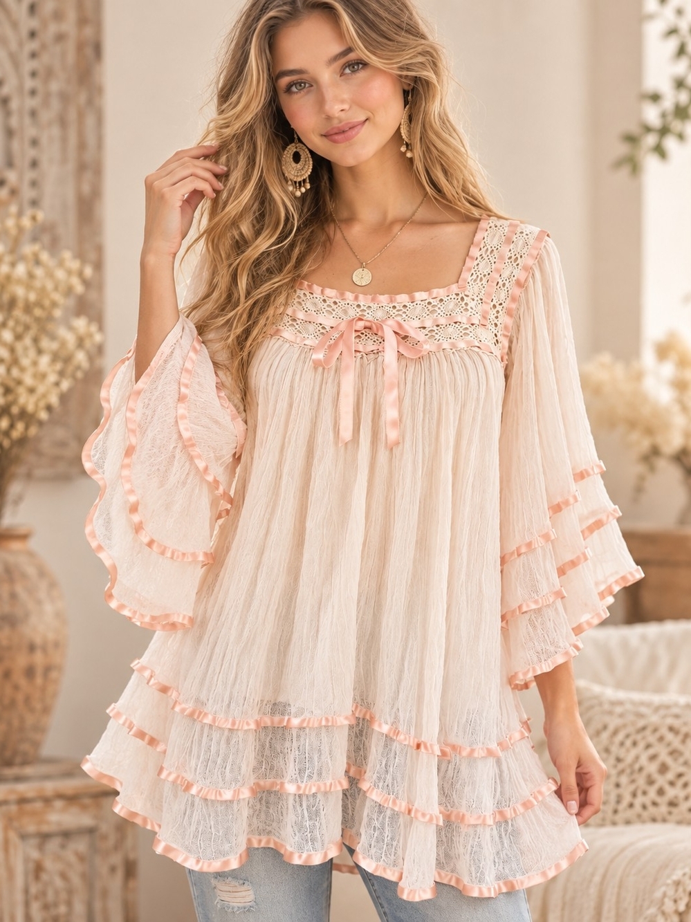 FREE PEOPLE ROMANTIC RIBBON & GAUZE TUNIC BLOUSE SZ M